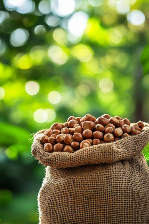 Burlap Sack Filled with Raw Unroasted Chestnuts Surrounded by Autumn Foliage for Advertising Ideasの素材
