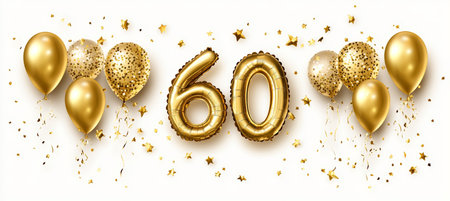 Sixty Years of Joyous Celebration Golden Anniversary with Shiny Balloons and Colorful Confettiの素材