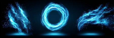 Vibrant Circular Portal Surrounded by Futuristic Whirlwinds and Bursting Energy with Shimmering Dustの素材