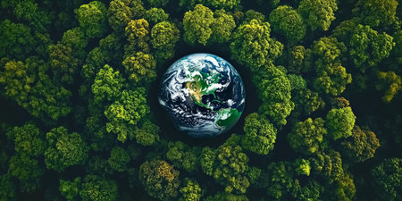Aerial Top View of Lush Green Planet with Trees and Globe Earth Illustrating Global Ecology Issuesの素材