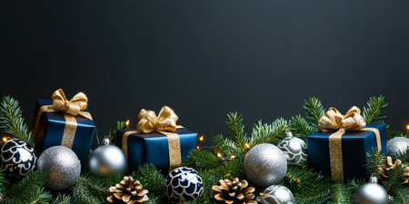 Luxurious Navy Presents Tied with Gold Satin Ribbons Surrounded by Silver Decorations for Christmasの素材