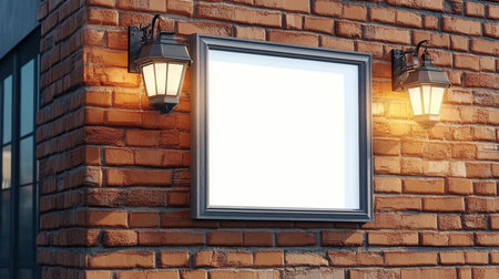 Urban Brick Wall Featuring Blank Poster Frame and Sconce Lighting for Outdoor Advertising Displayの素材