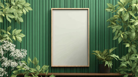 Elegant Kitchen Decor with Green Panel Wall and Natural Foliage for a Stunning Poster Mock-Up Designの素材