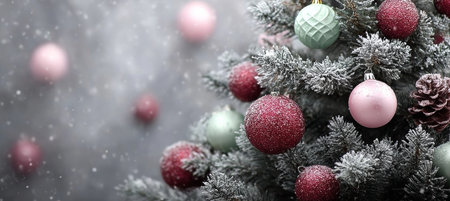 Charming Christmas Scene Frosted Tree with Red and Green Baubles, Sparkling Festive Decorations.の素材