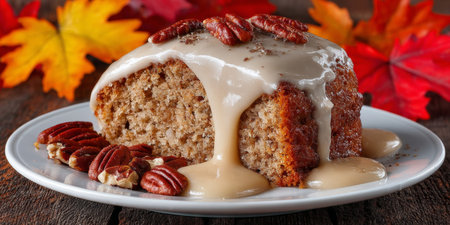 Delicious Slice of Moist Sweet Potato Cake with Maple Frosting and Pecans on a Rustic Wooden Tableの素材