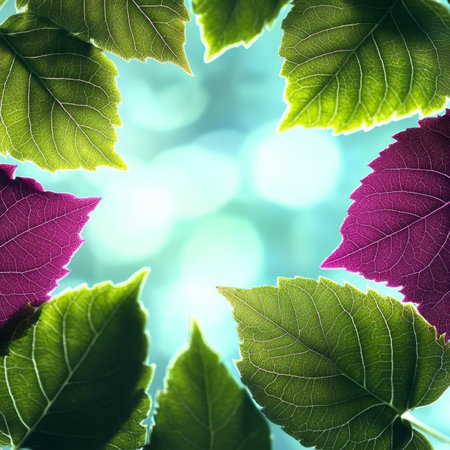 Vibrant Abstract Botanical Art Featuring Lush Leaves and Dynamic Light Play in Bright Colorsの素材