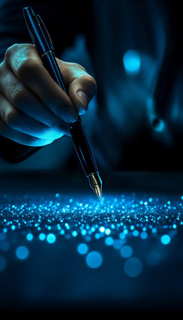 Executive Gesture with Pen Over Sparkling Lights, Corporate Strategy Data Visualization Insightsの素材