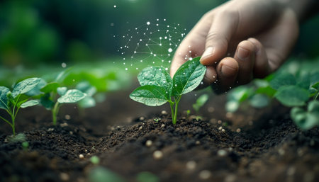Nurturing Green Growth Seedlings Thriving Through Care, Technology, and Sustainabilityの素材
