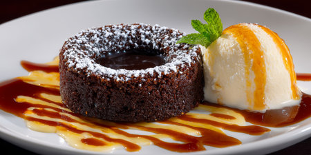 Indulgent Chocolate Lava Cake with Molten Center, Served with Vanilla Ice Cream and Caramel Drizzleの素材