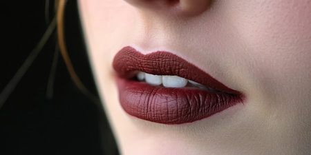 Close Up Portrait of a Sensual Woman with Dark, Stylish Lip Makeup and Modern Facial Art Designの素材