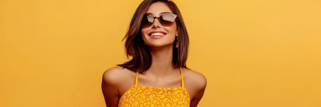 Stylish Brunette Girl Wearing Sunglasses in a Bright Summer Setting, Exuding Youthful Charm and Joyの素材