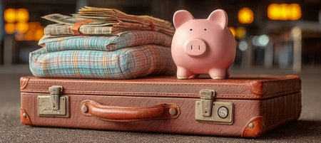Saving for Travel Planning Piggy Bank Next to Suitcase with Money for Vacation Fund Depositの素材