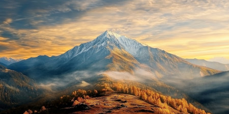 Breathtaking view of snow-covered peaks in the epic mountain range during a colorful sunset glow.の素材