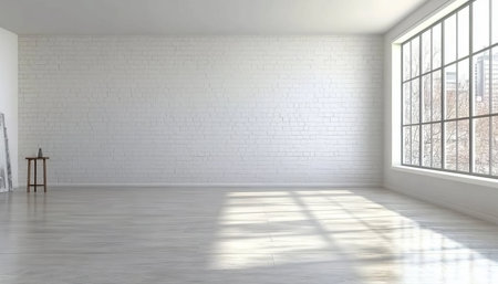 Bright and Airy Interior Featuring White Brick Wall, Modern Minimalistic Design, and Natural Lightの素材