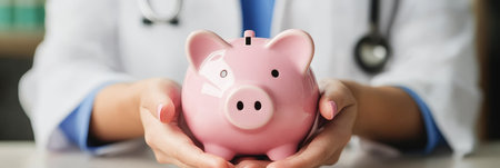 Doctor Holding Piggy Bank in Hands, Representing Healthcare Savings and Financial Security Ideasの素材
