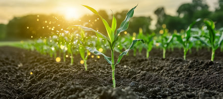 Sunrise over a lush cornfield highlighting healthy growth and the use of modern farming technology.の素材