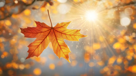 Vibrant Autumn Colors of Sunlit Maple Leaves Gently Falling Against a Soft Gray Background for Stockの素材
