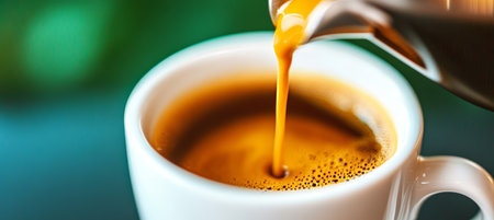 Morning Coffee Ritual Pouring Freshly Brewed Espresso from a Stylish Minimalist Pitcher into Cupの素材