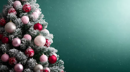 Frosted Christmas tree decorated with vibrant green and red baubles for joyful holiday celebrationsの素材