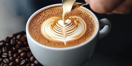 Pouring Cream Into Coffee to Create Beautiful Latte Art Forms A Morning Delight Awaits Youの素材