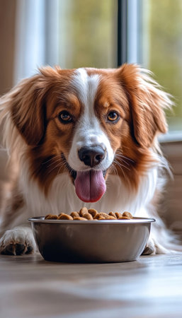 Eager dog eagerly awaits its meal with tongue out, sitting beside a full food bowl, ready to eat.の素材