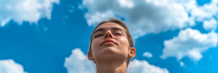 Young Woman Meditating in Nature, Deep Breaths Under a Bright Blue Sky with Fluffy White Cloudsの素材