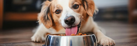 Cute dog happily eating from its bowl, showcasing healthy eating habits and joyful pet life moments.の素材
