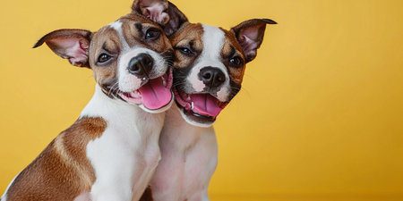 Two Adorable Canine Companions Embracing Joy in a Playful Scene with a Bright Yellow Backgroundの素材