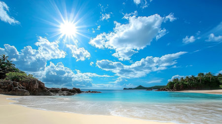 Beautiful tropical beach with clear blue waters, soft white sand, and lush green palm trees.の素材