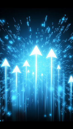 Dynamic Ascending Arrows on an Abstract Digital Backdrop Representing Growth and Future Innovationsの素材