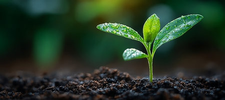 Vibrant Seedling Development and Growth Concept, Sprout Emerging with Dew Droplets, Nature s Beautyの素材