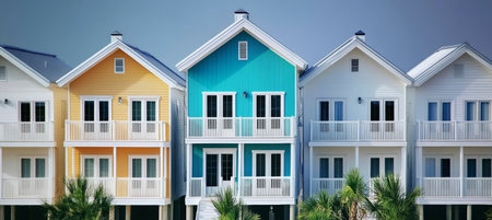 Row of Colorful Architectural Residences Featuring Beautiful Balconies in a Picturesque Neighborhoodの素材
