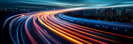 Vibrant Cityscape at Night with Light Trails on Highways and Modern Urban Infrastructure Technologyの素材