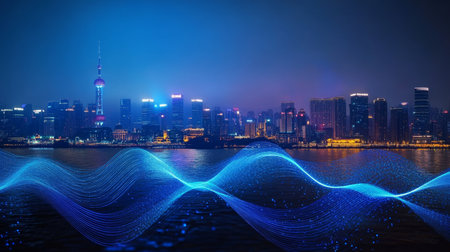 Cyberpunk Cityscape at Night with Illuminated Skyline and Flowing Digital Connections Everywhereの素材