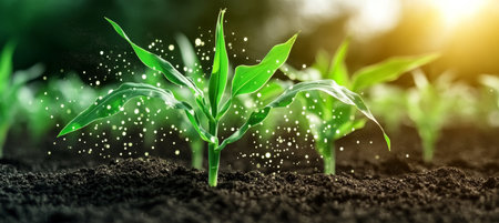 Young Corn Seedlings Emerging from Fertile Land in a Modern Agricultural Maize Plantation Fieldの素材