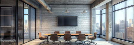 Stylish Urban Loft Office Featuring Modern Design and Expansive Open Conference Room Spaceの素材