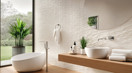 Elegant Spa Bathroom Interior with Round Mirror and White Fixtures in a Serene Light Color Schemeの素材