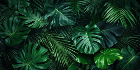 Vibrant Tropical Jungle Greenery with Palm Leaves and Monstera Plants in Stunning Natural Beautyの素材