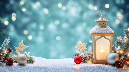 Enchanting Christmas Still Life Illuminated Lantern, Sparkling Snow, and Teal Elegance in Winterの素材
