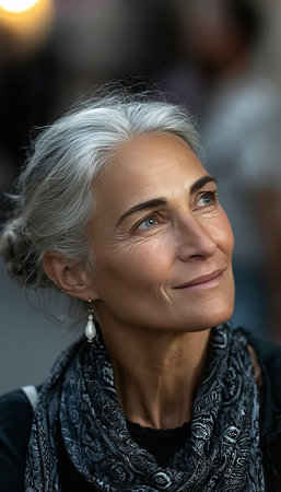 Elegant mature woman with gray hair and a serene smile, radiating wisdom and grace in soft light.の素材