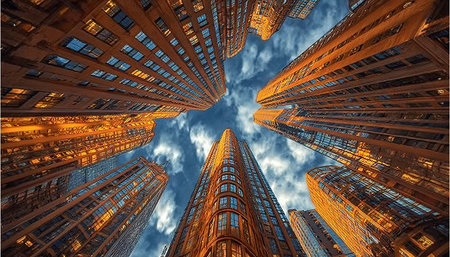 Stunning View of Urban Cityscape with Skyscrapers at Sunset, Golden Hour Lighting and Reflectionsの素材