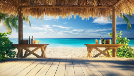 Serene Tropical Beach Landscape with Crystal Clear Waters, Palm Trees, and Comfortable Lounge Chairsの素材