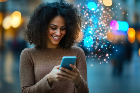 Happy Woman Using Advanced AI Technology to Interact with a Virtual Assistant for Daily Tasks Onlineの素材