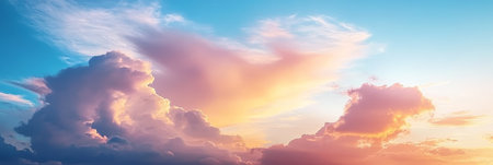 Golden Twilight Sky Over Cloudscape at Dusk, Majestic Sunset with Breathtaking Colors Inspiring Calmの素材
