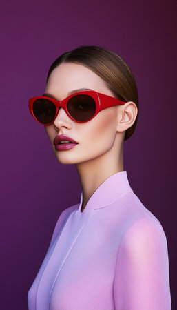 Confident Woman in Red Sunglasses Posing on Purple Background, Captivating Fashion and Style Lookの素材