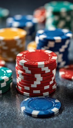 Colorful Array of Stacked Poker Chips Ready for Tournament Play, Captured in Stunning Detail.の素材