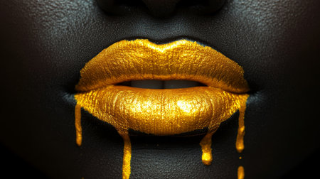 Abstract Lip Art Portrait with Gold-Melting Effect on Ebony Complexion Tone Background Artworkの素材
