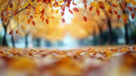 Golden Autumn Canopy Vibrant Leaves Fall Over Sun-Drenched Boulevard, Celebrating Fall s Beautyの素材