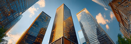Breathtaking urban skyline at sunset with skyscrapers and glass reflecting golden hues of the sky.の素材