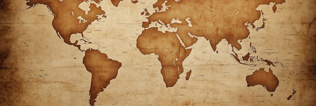 Vintage Styled Sepia Tone World Map with Geographical Themes for Elegant Wallpaper Backdropの素材